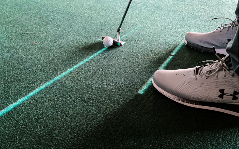 Alignment of feet and putter face perfectly following the lines projected